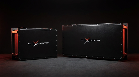 OzX DCX 12V and 48V chassis-mount lithium batteries side by side